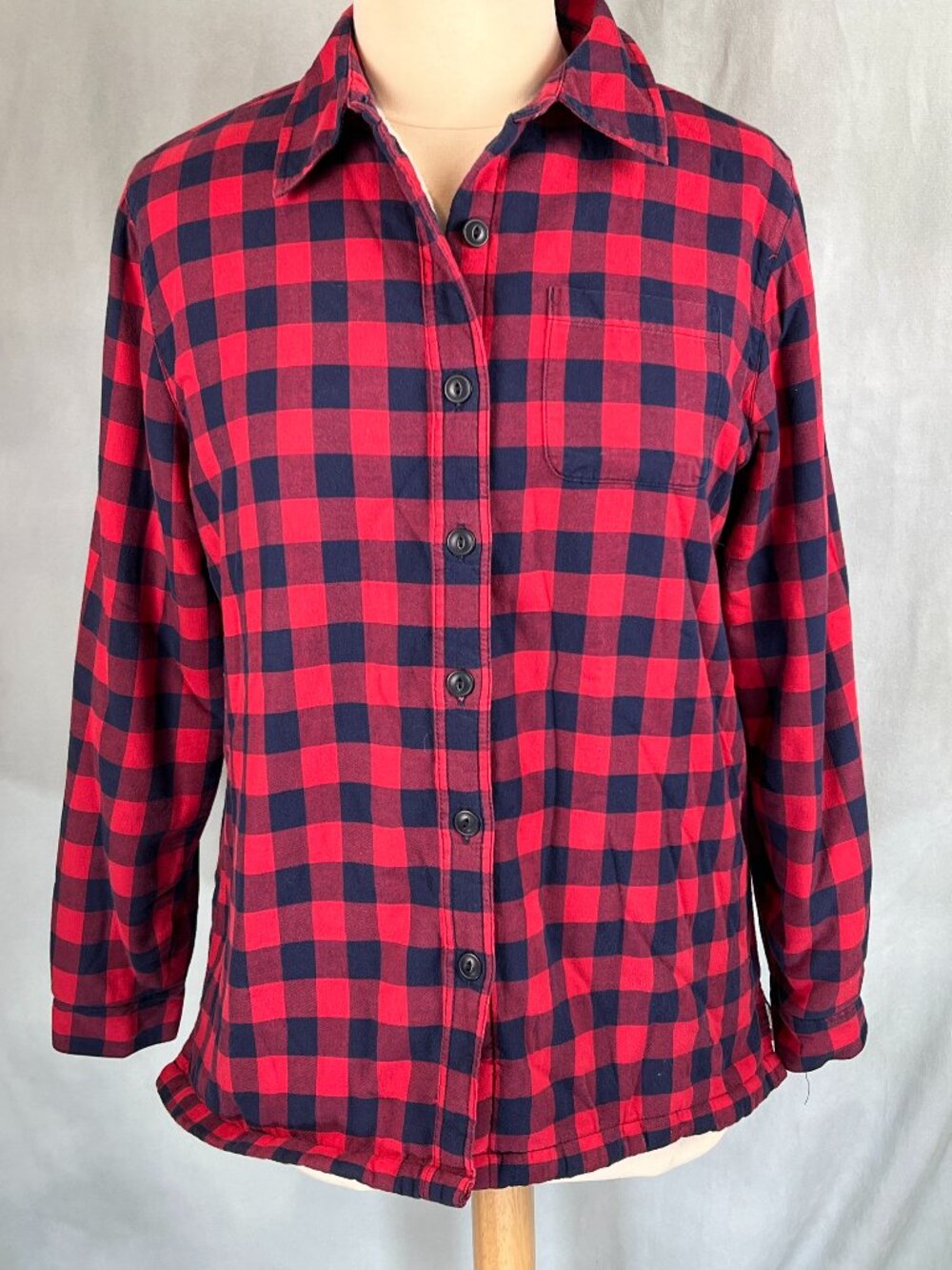 LL Bean Fleece Lined Red & Blue Buffalo Plaid Women's Button Shirt Jacket Size S